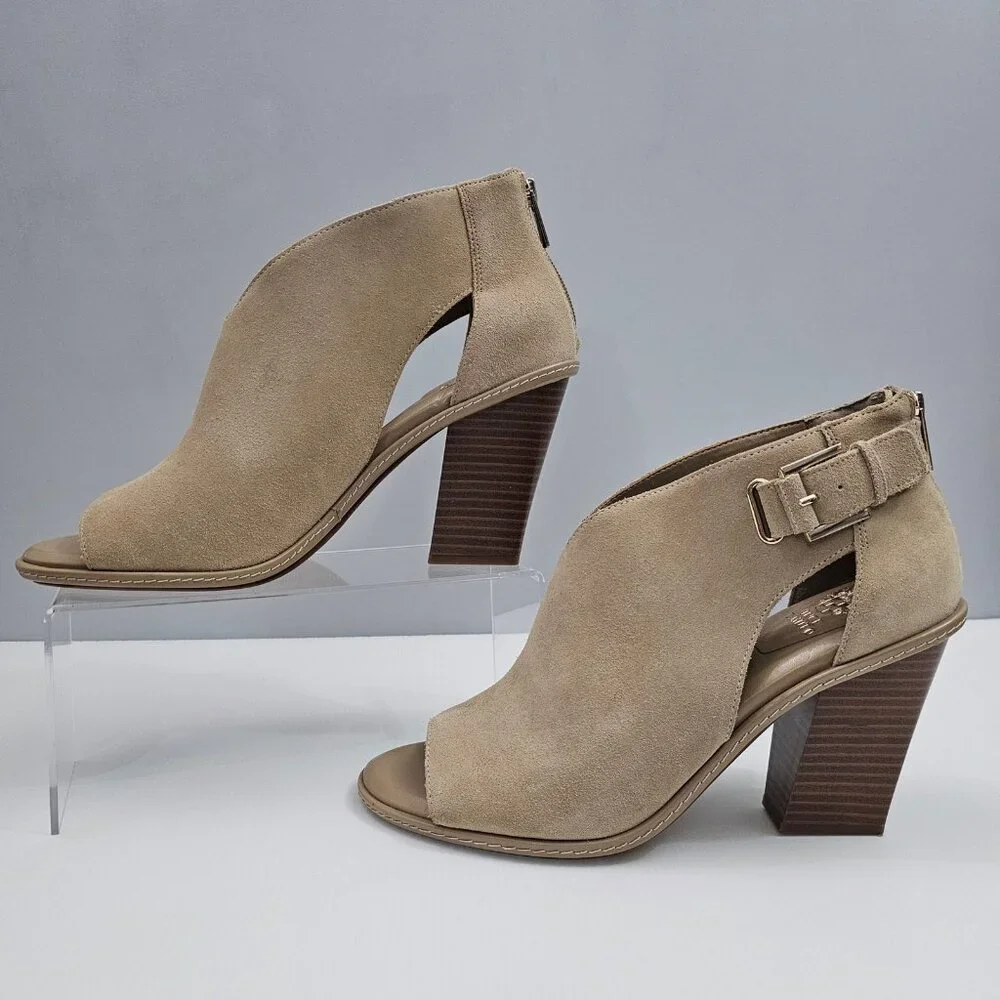 Vince Camuto Fareena Ankle Bootie Womens 11 Tan Leather Peep Toe Block Heel